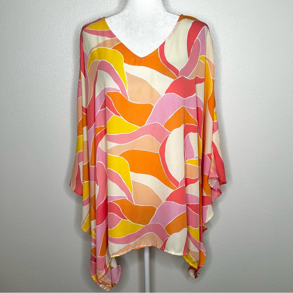 Belle by Kim Gravel Womens Pink & Orange Patterned V-Neck Poncho Style Top 2X